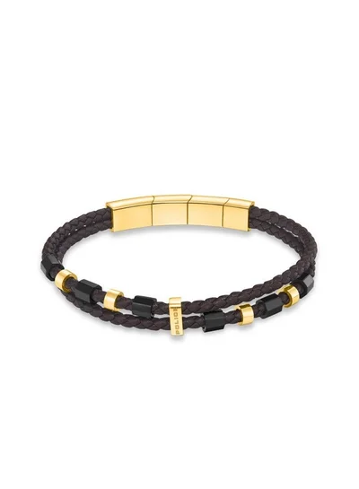 بوليس Freeway Black Gold Stainless Steel and Black Leather Bracelet for Men 190mm